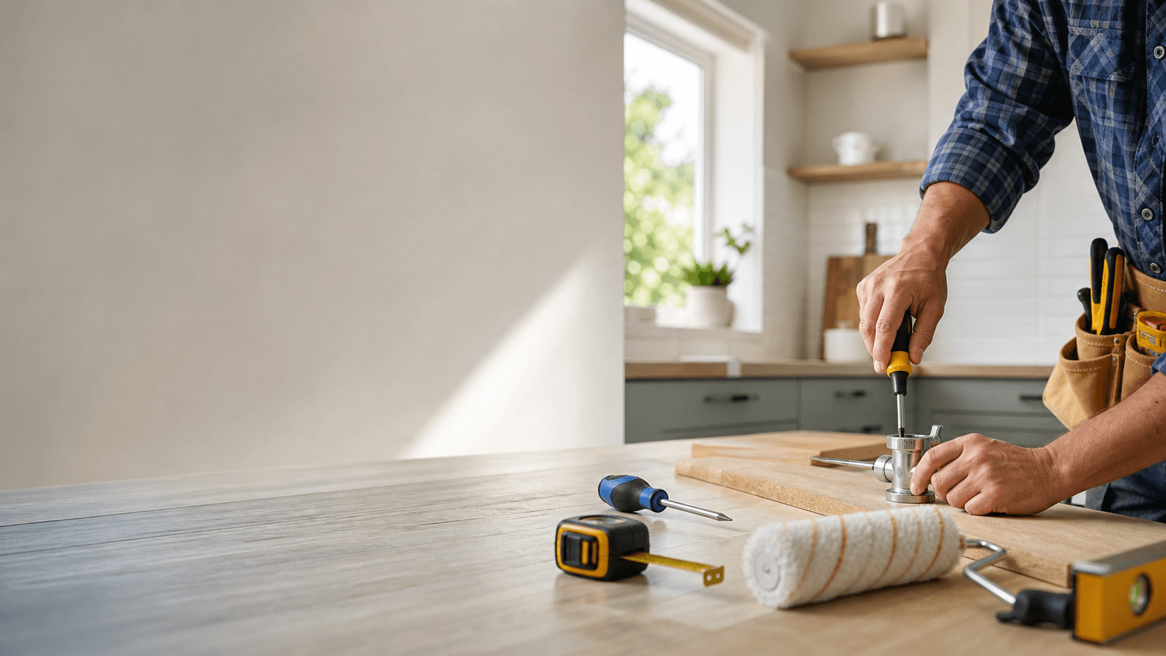Handyman tools and repair work in a bright home